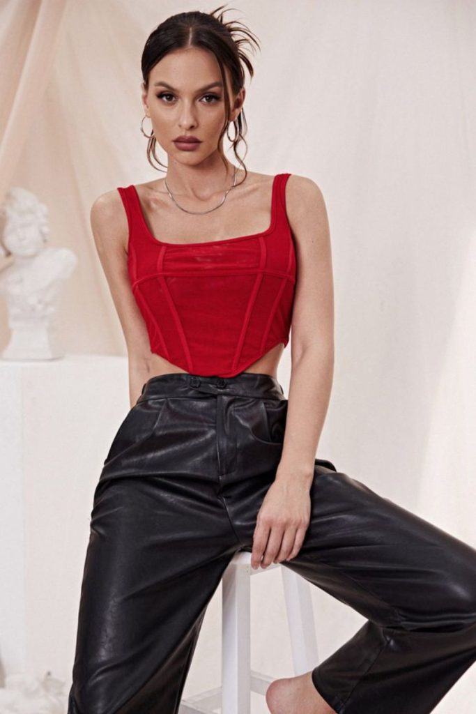 Red satin corset black leather pants