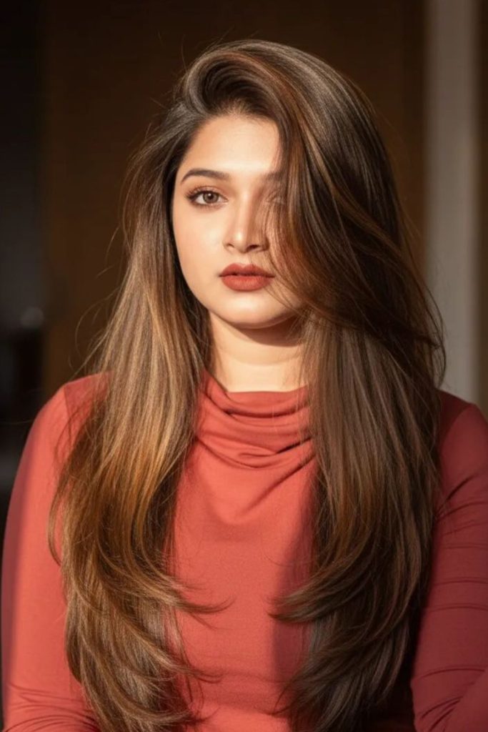 Dark long layered side parted hair