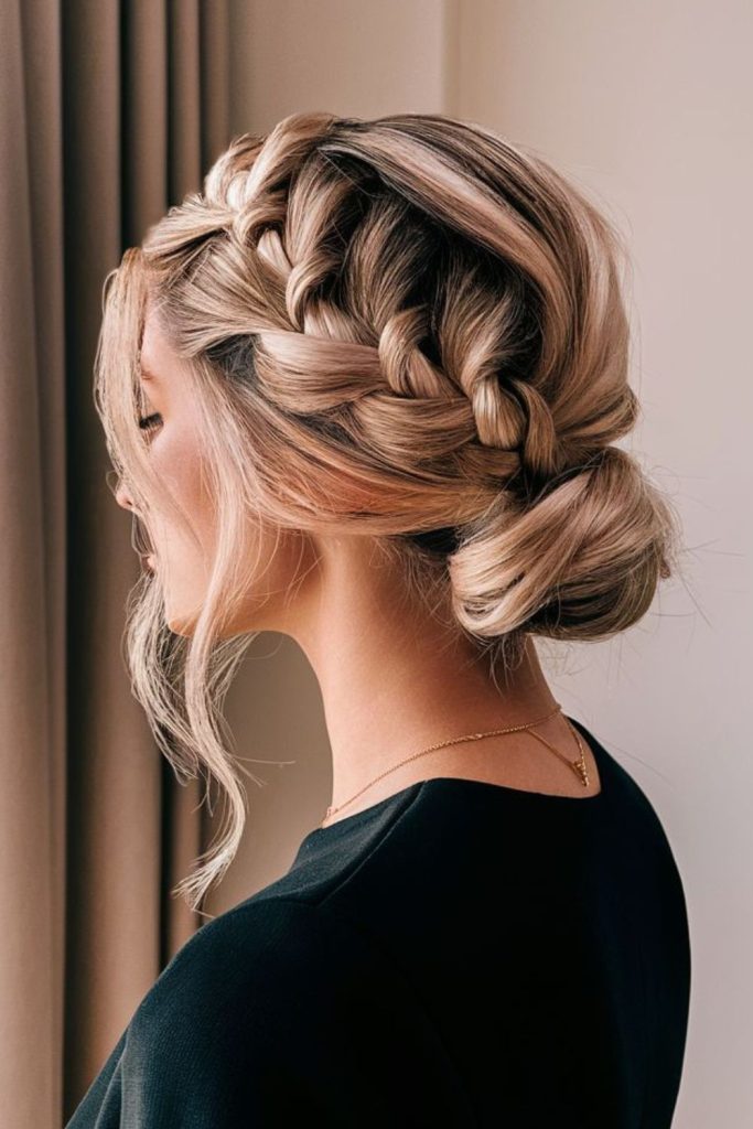 Diagonal braid into side bun