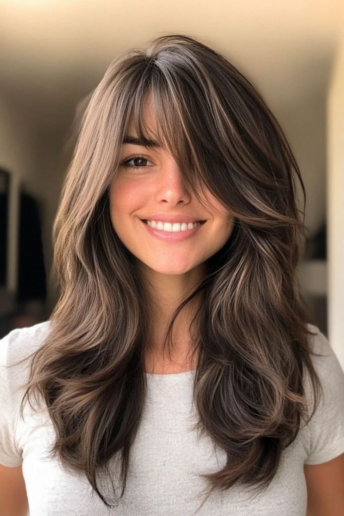 Side-swept bangs tumbling over temples