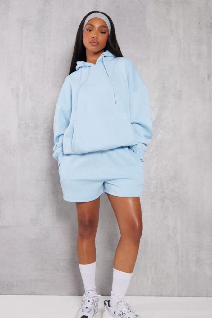 Sky-blue hoodie matching shorts urban