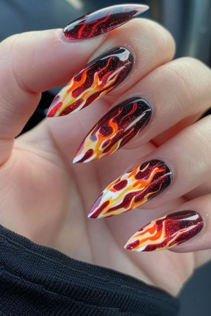 Bright fiery nails with gold flecksV