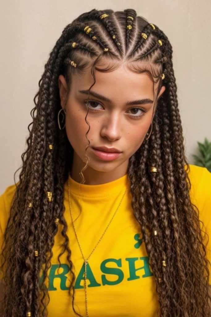 Golden braided hairstyle with beads