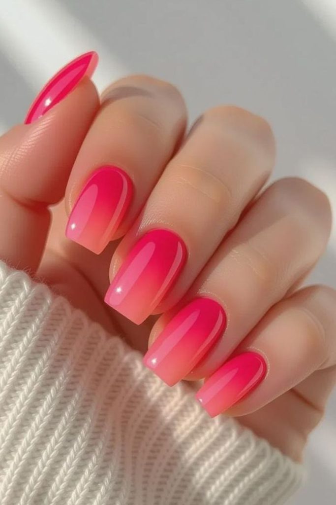 Strawberry pink nails with sunset shimmer.