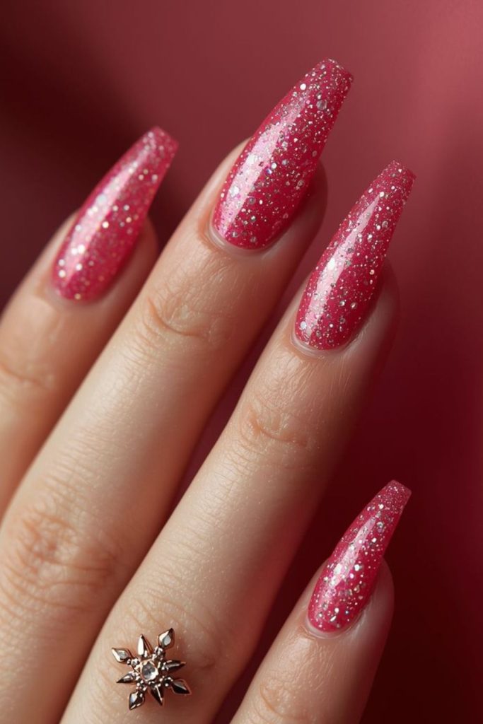 Sweet pink nails with subtle sparkle.