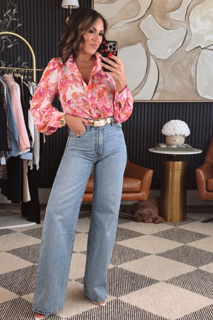 Casual floral blouse denim culottes