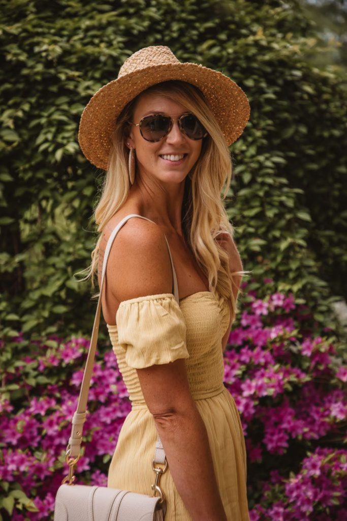 Golden mini dress straw hat sandals