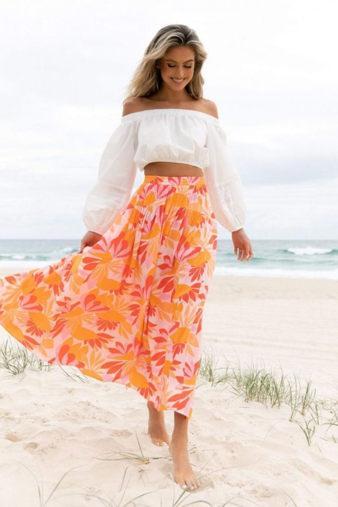 Coral skirt with white blouse