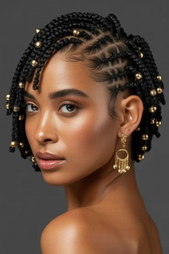 Golden-beaded short braided hairstyle