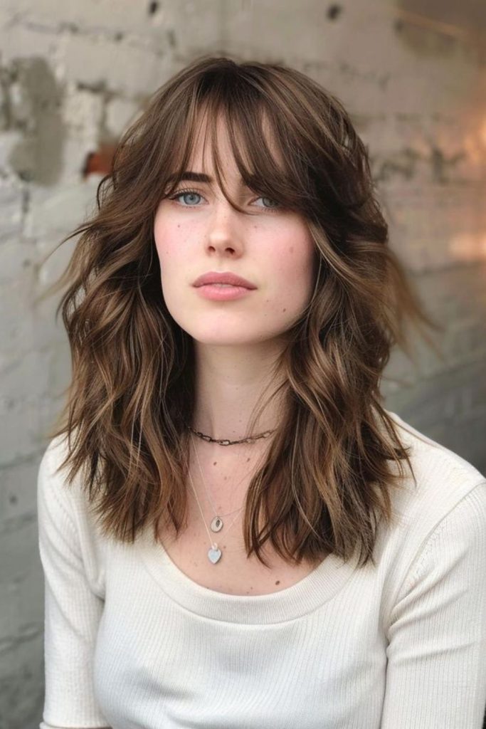 Long textured bangs with loose layers