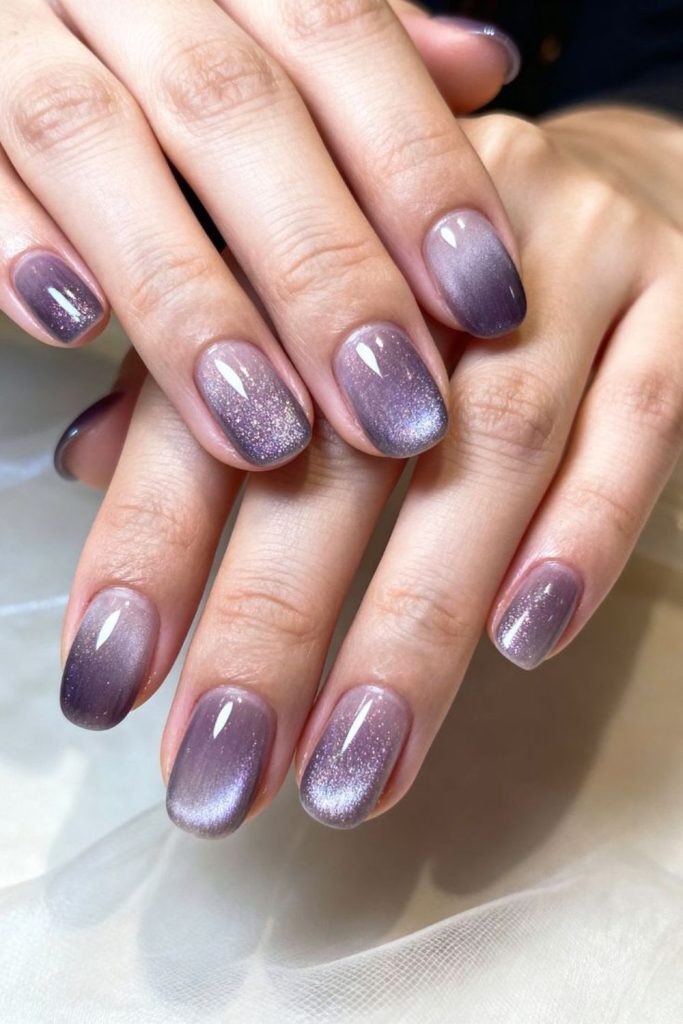 Purple crystal geode inspired short nails