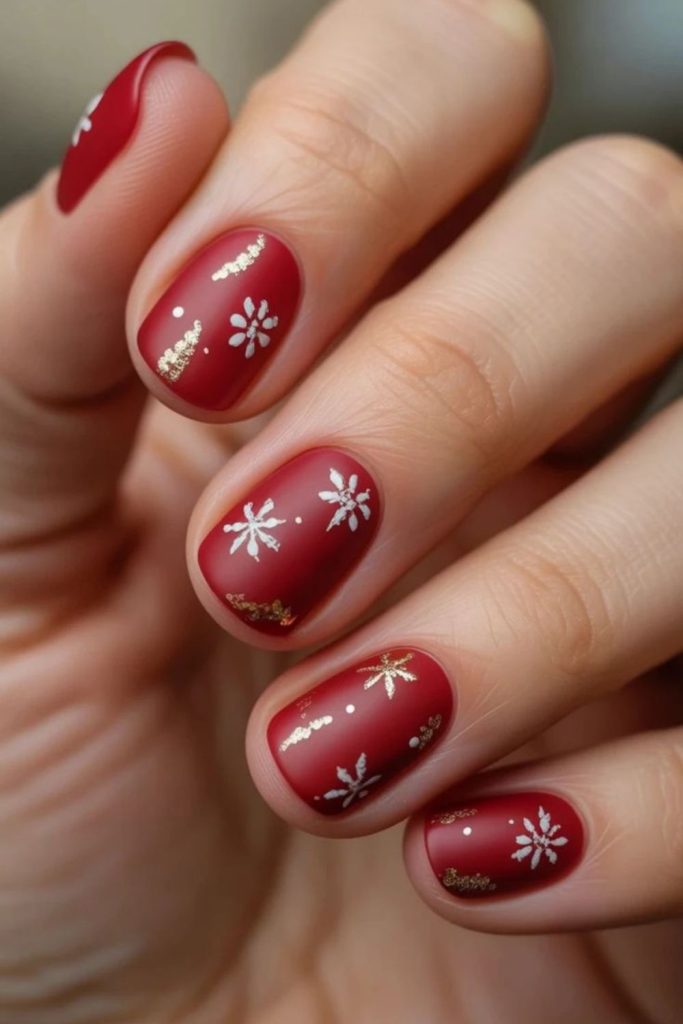 Mini red rose floral short nails