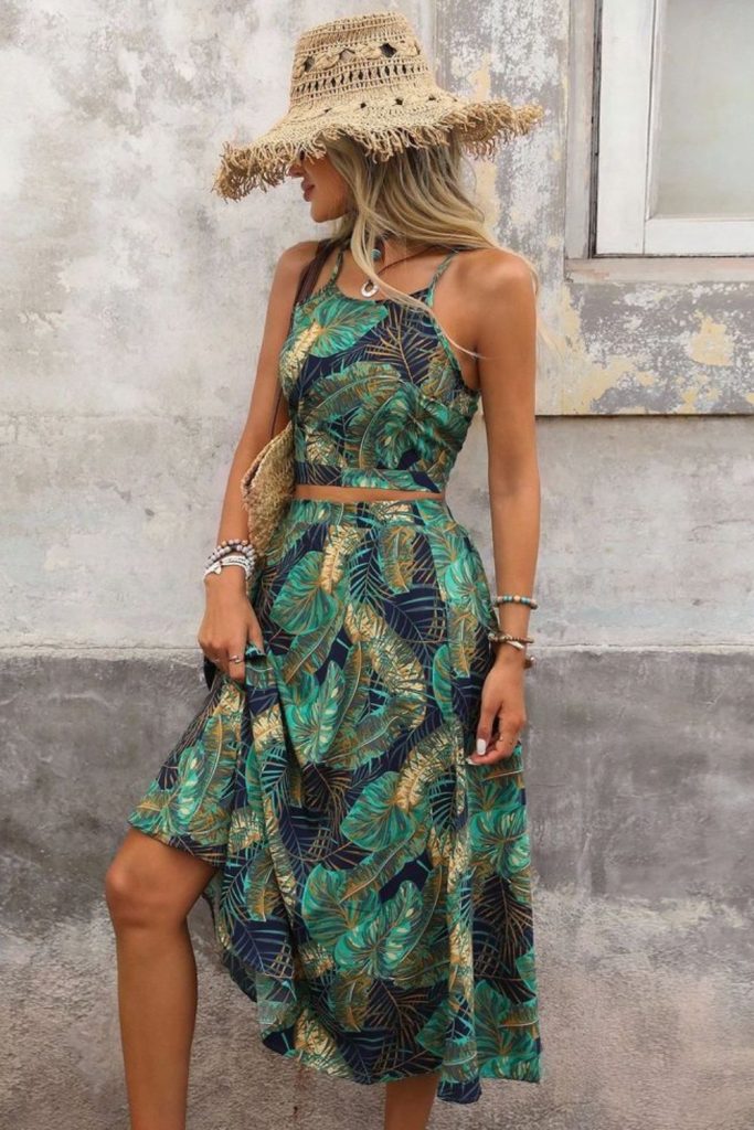 Emerald blouse tropical print skirt
