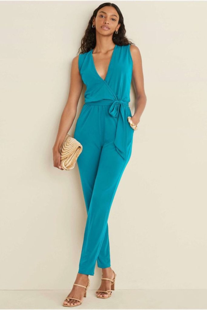 Turquoise silk jumpsuit beaded anklets tote