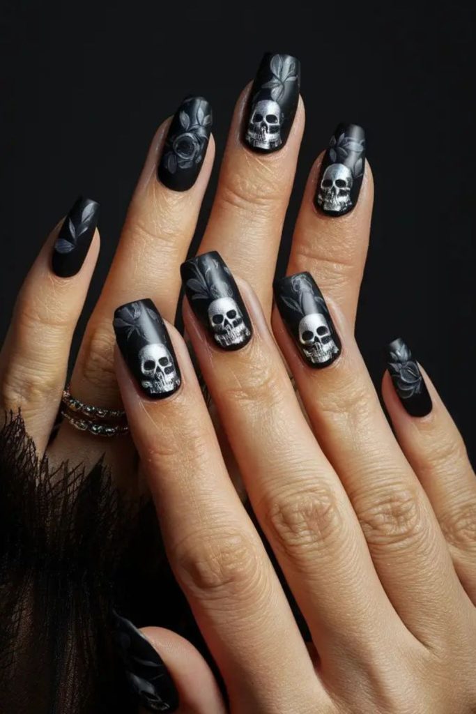 Grey nails with skulls and hearts