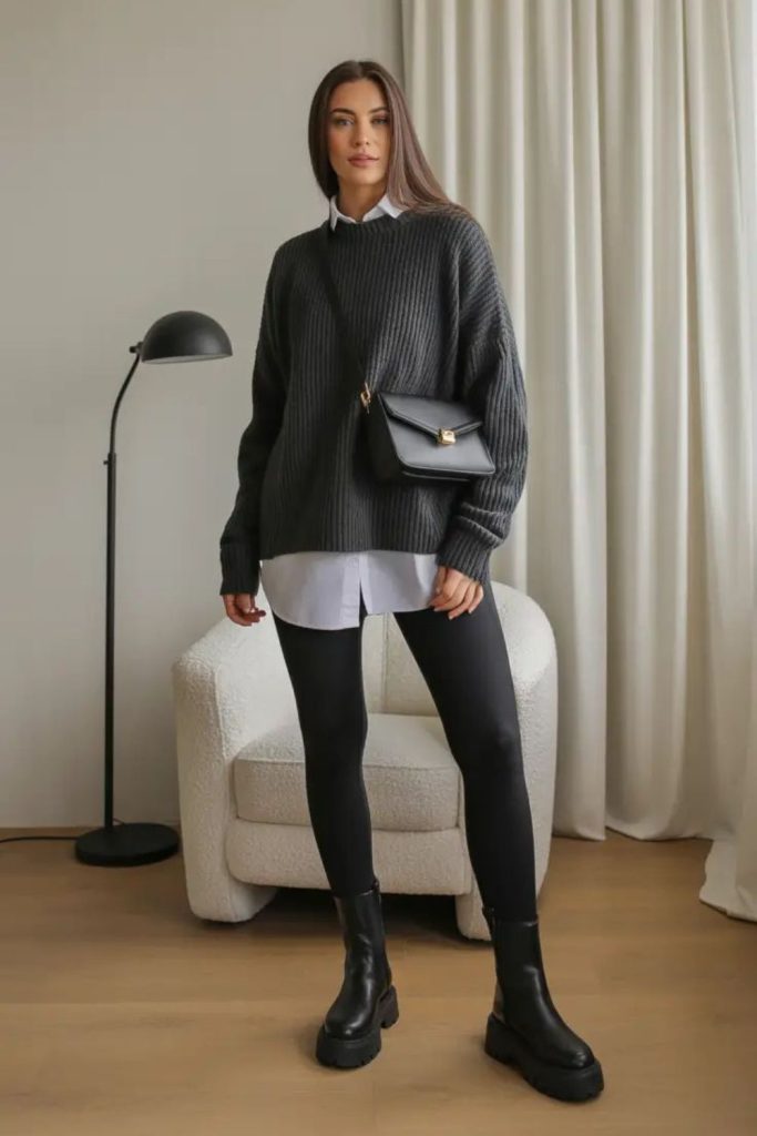 Charcoal layered shirt black boots
