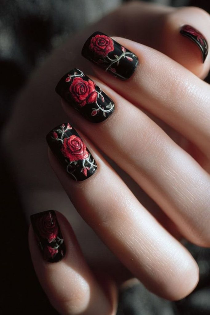 Black nails adorned with red roses
