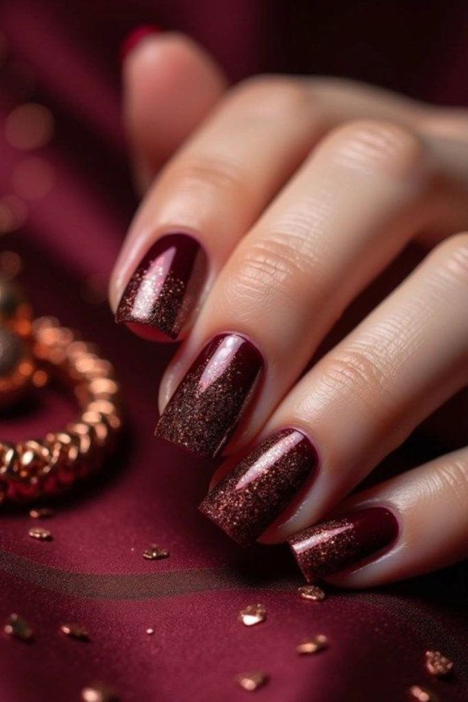Deep burgundy nails with bronze shimmer
