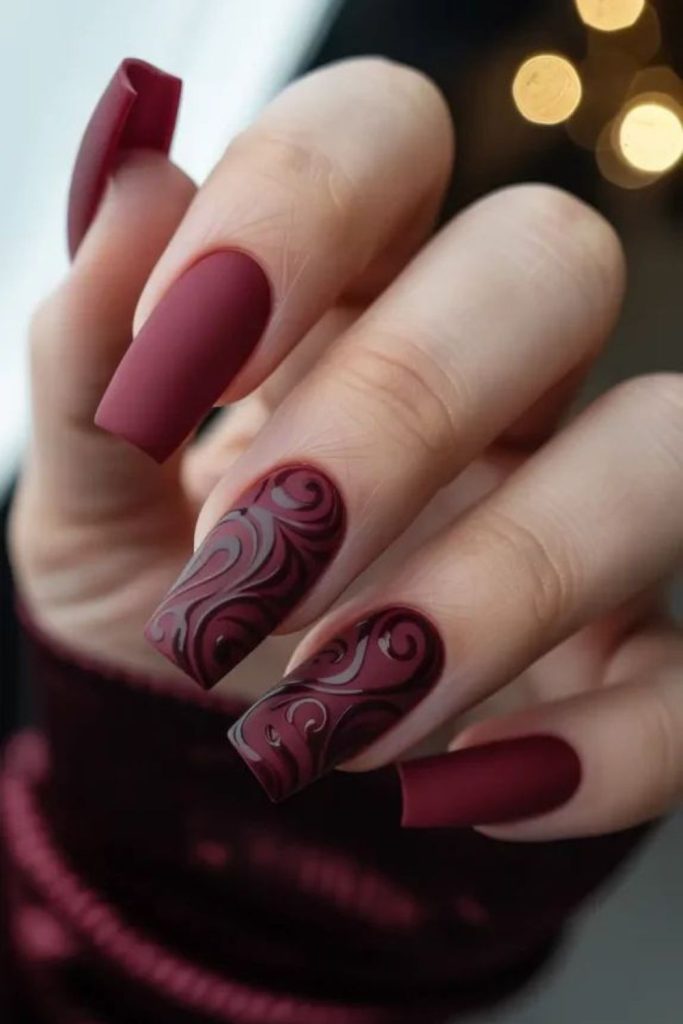 Burgundy coffin nails with black roses