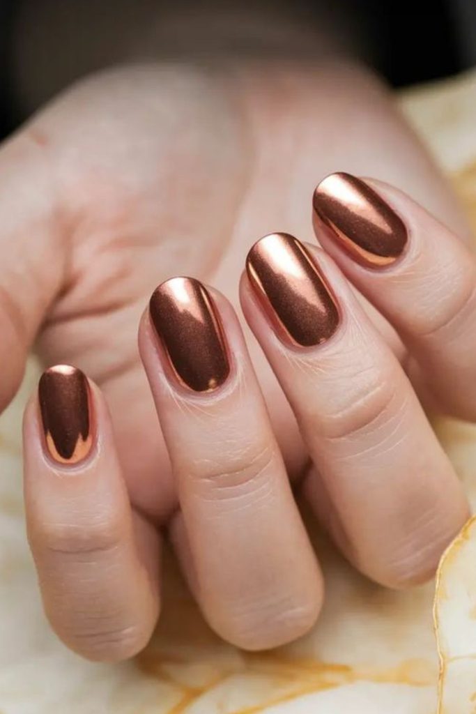 Cognac velvet nails with metallic highlights