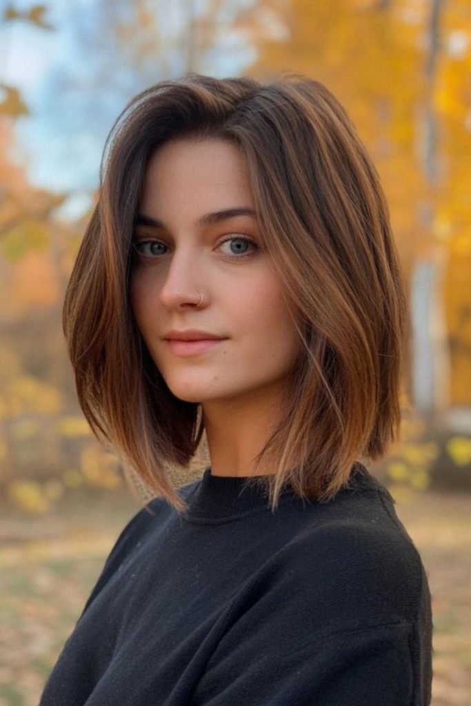 Sleek blunt lob with dense edges.