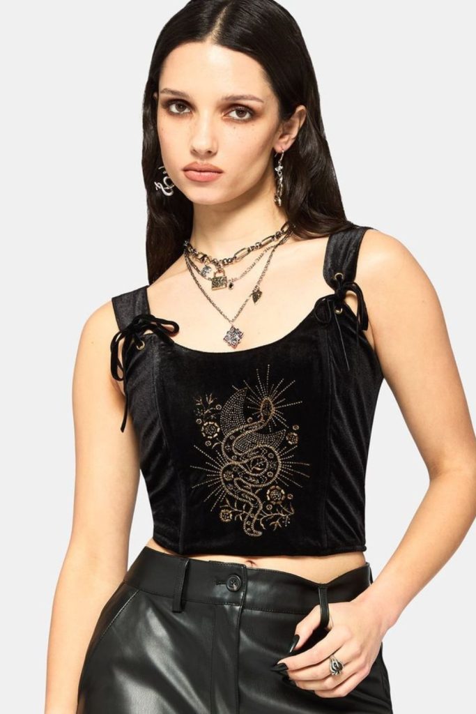 Black velvet bralette satin trousers heels