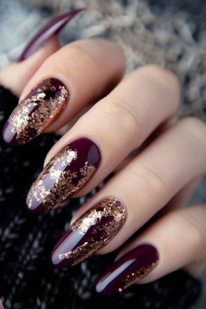 Plum nails with rose-gold shimmer edges