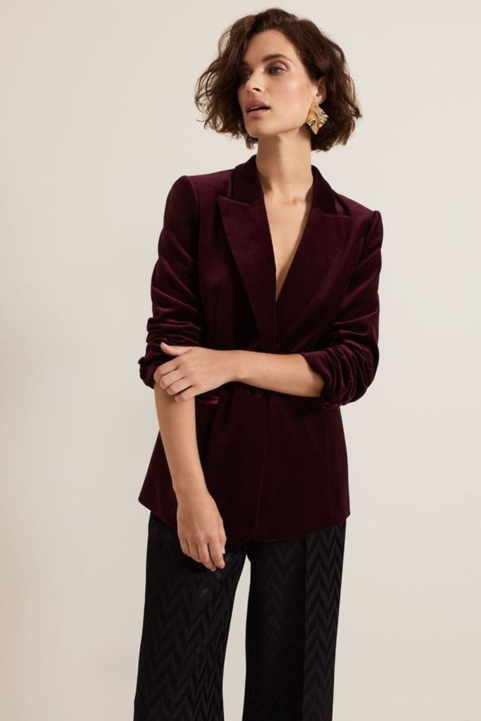 Burgundy velvet blazer black trousers