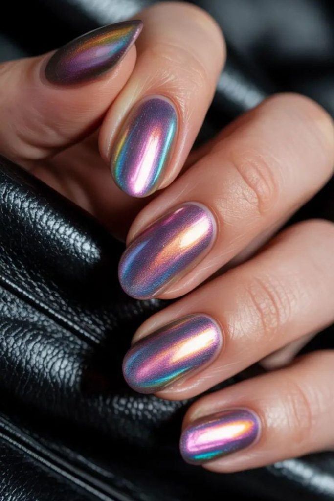 Violet nails with opalescent micro-sparkles