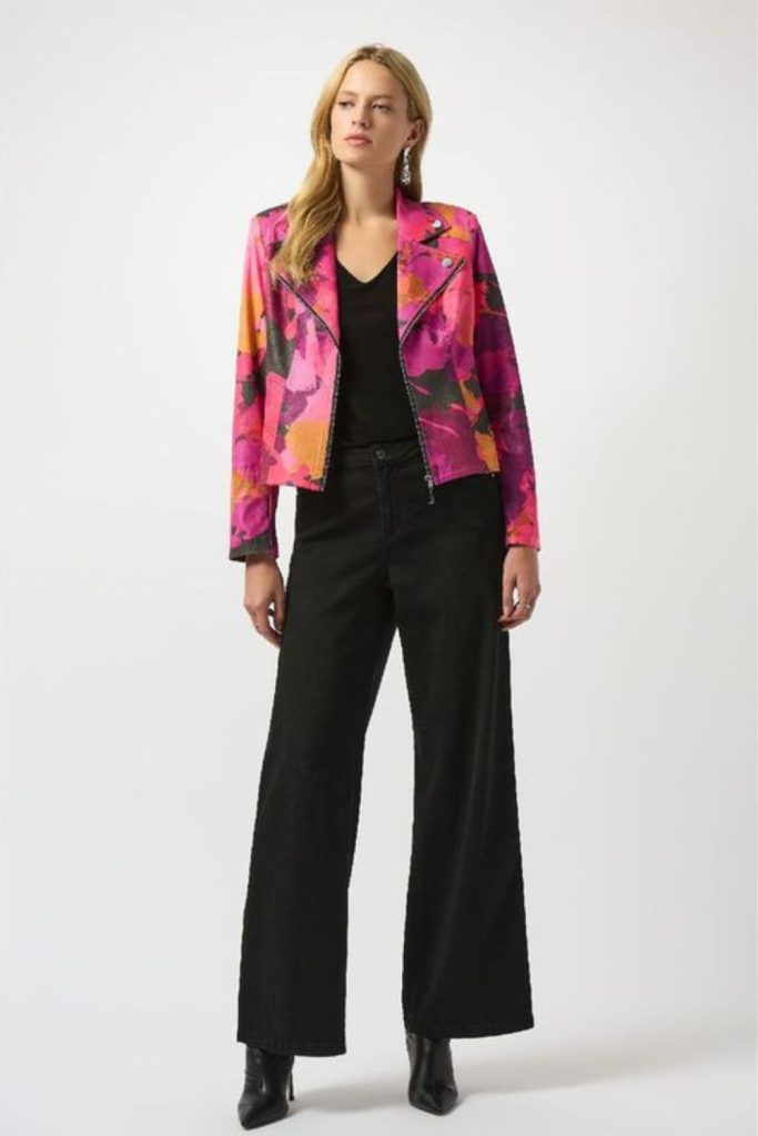Electric patterned jacket black pants