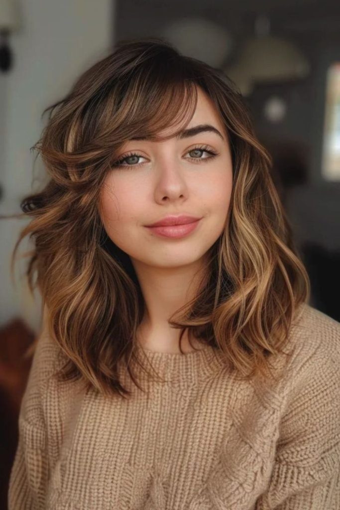 Tousled wavy lob with cheek flicks