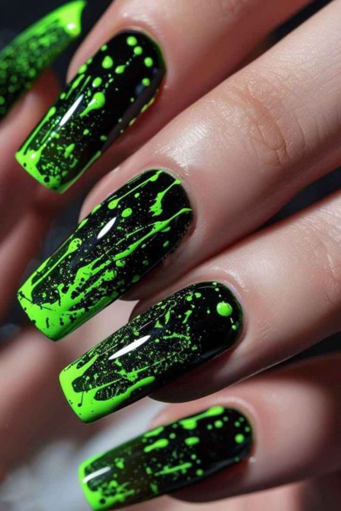 Lime green drip effect artistic nails