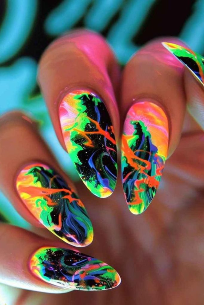 Neon chaotic bright energetic nail design