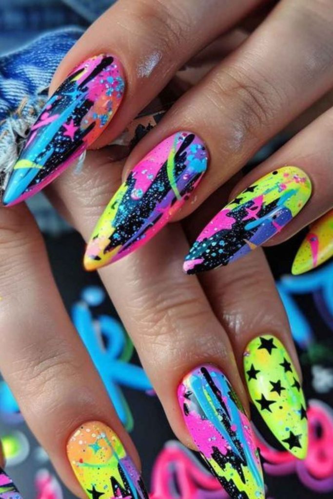 Neon graffiti nails with chaotic flair