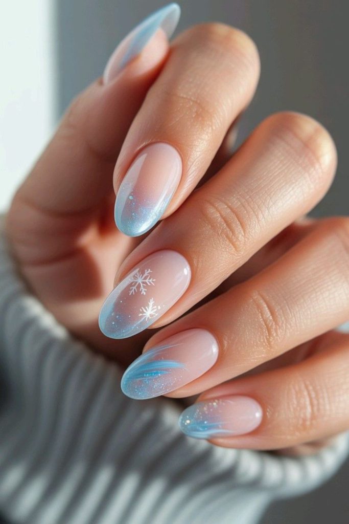 Frosty white blue nails frozen petals