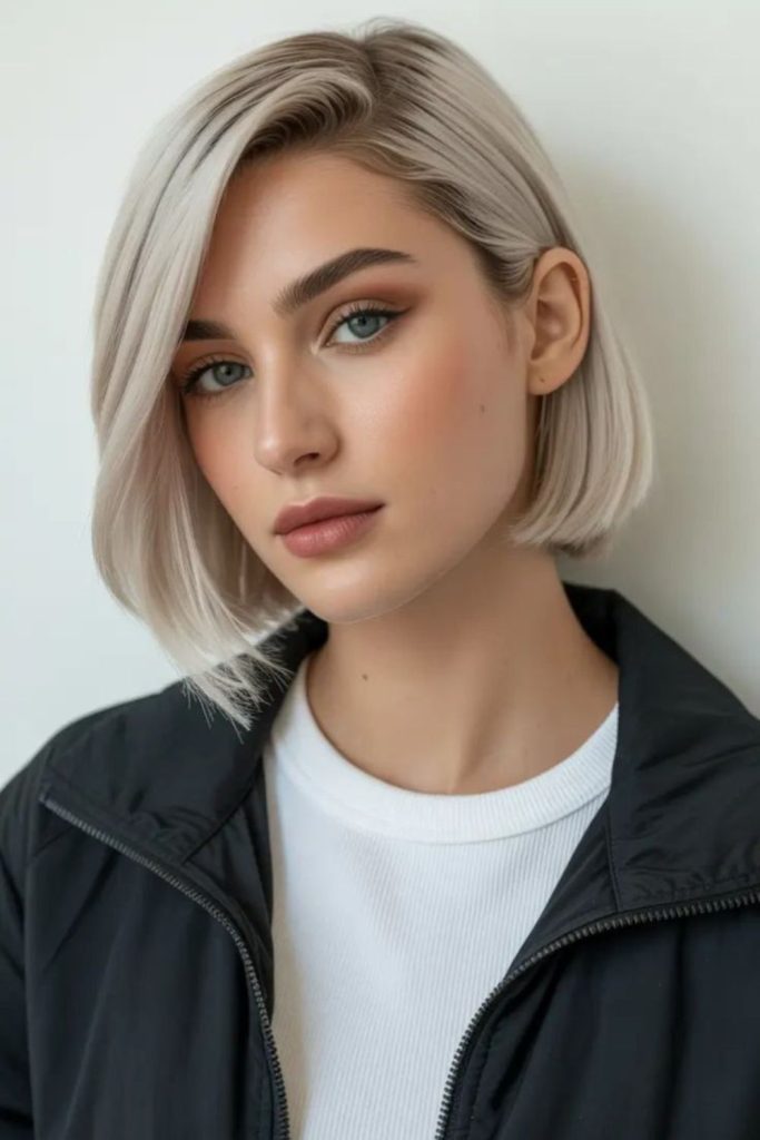 Sharp asymmetrical platinum bob hairstyle