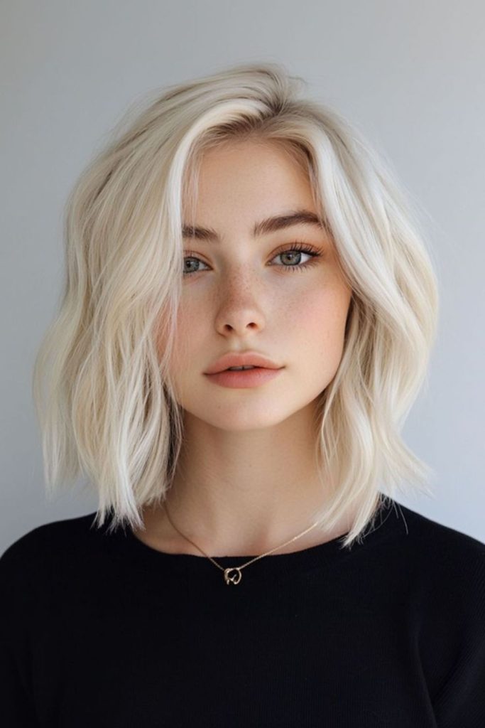 Shoulder-length wavy platinum hair style