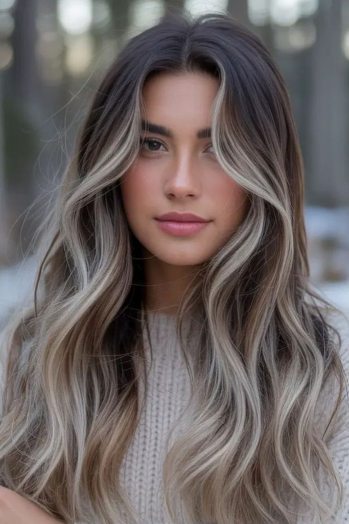 Halo ash blonde highlights dark hair.