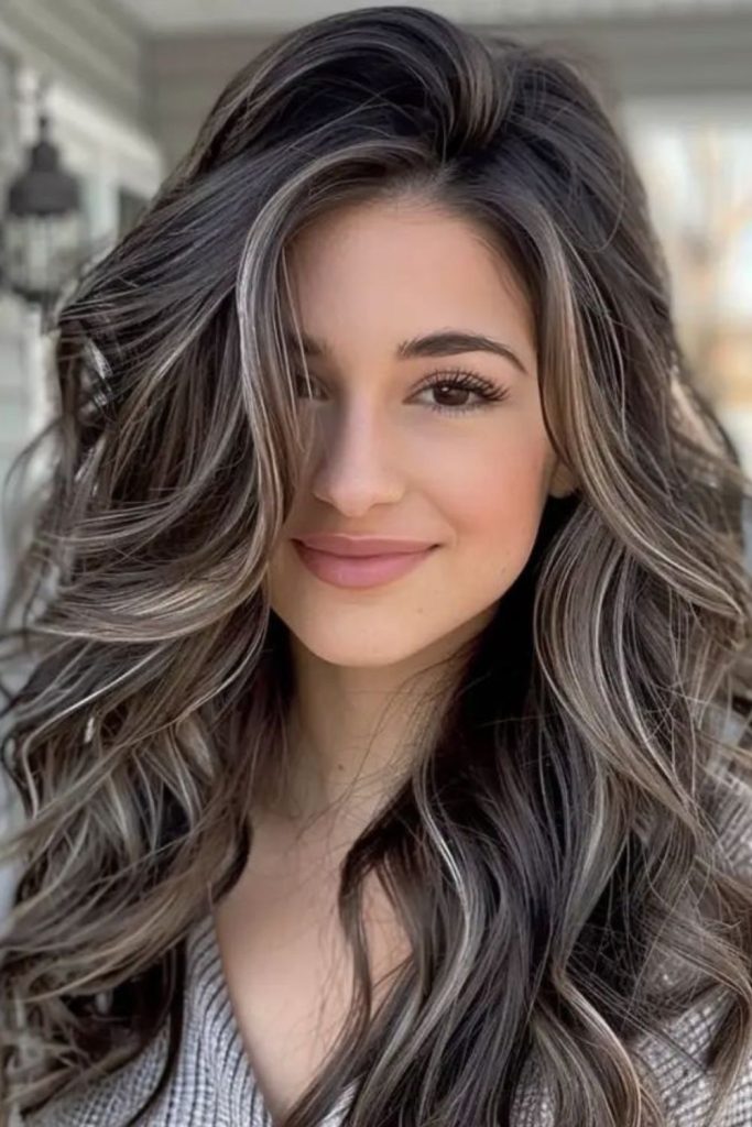 Layered brunette with hazy ash highlights