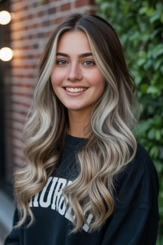 Ash moonbeam highlights dark hair.