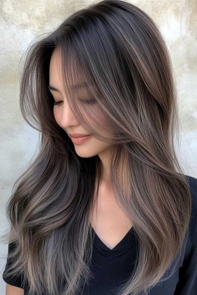 Dark brown misty ash blonde layers
