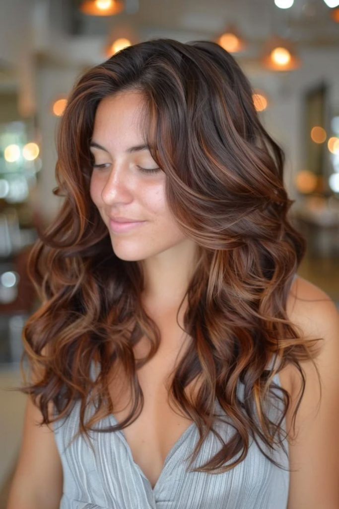Brown hair with soft auburn blended highlights.