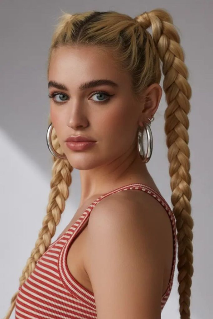 Twin braids playful dance hairstyle