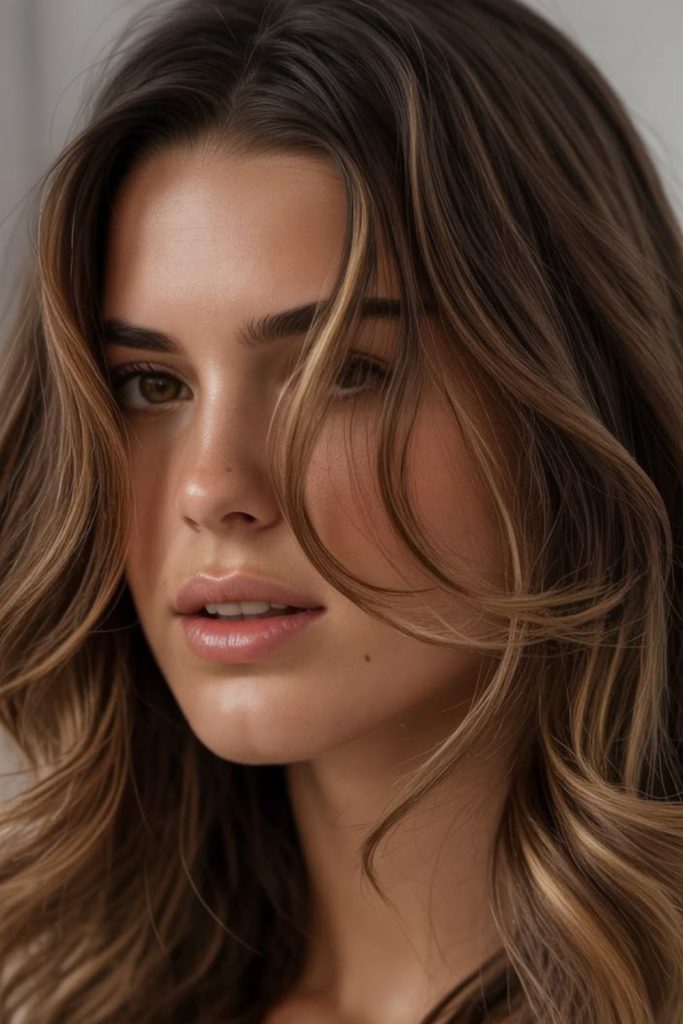 Brown hair with bronze silky shine highlights.