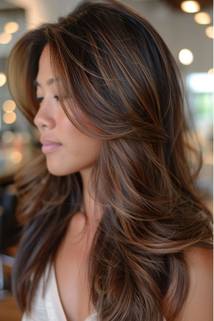 Bronze highlights layered on dark brunette hair.