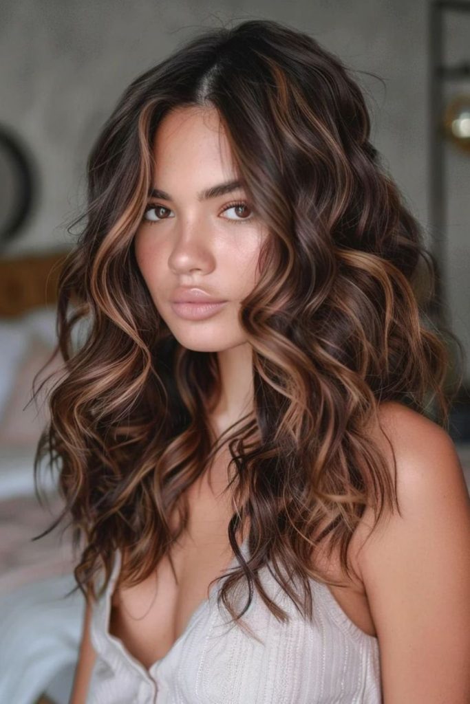Brown hair with burnt sugar ribbon highlights.