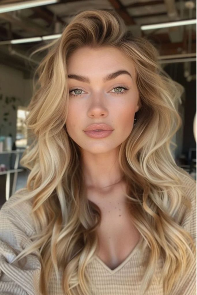 Soft butterscotch wavy layered hair