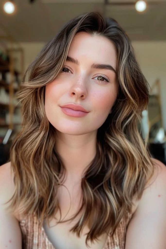 Butterscotch tones flowing through dark brown strands.