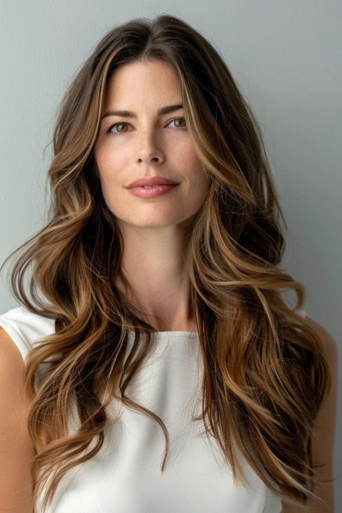 Caramel highlighted brown hair with soft waves.