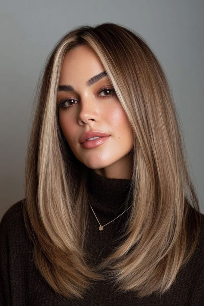 Smooth caramel hair cascading softly